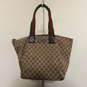 Vintage Gucci Web Monogram Canvas Tote Bag Brown Red Green Stripe Handles